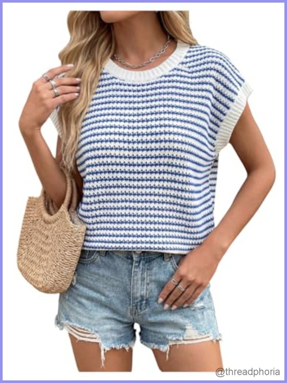 Women's Crochet Sleeveless Sweater Vest Striped Knit Pullover Top